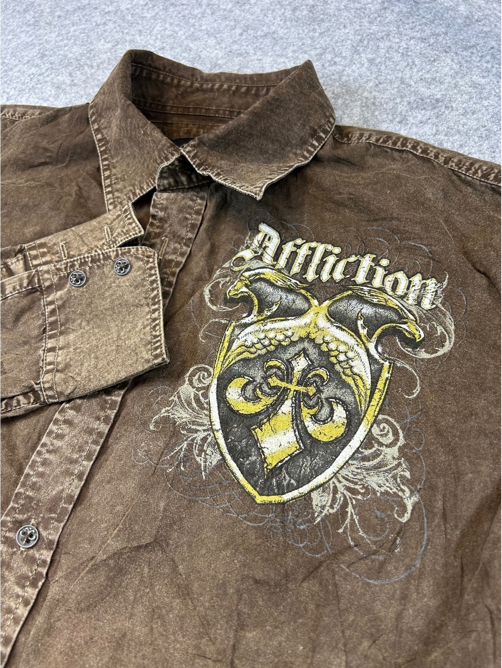 Y2K Affliction Men's Button Down Shirt Size L Graphic Embroidered Wings Brown